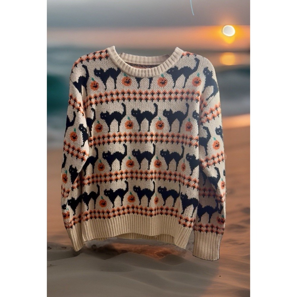 Vince Camuto ? Beige Black Cat Pumpkin Pullover Sweater Halloween Women's S